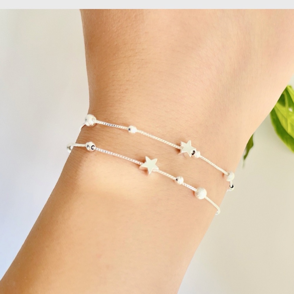925 Sterling Silver Double Star and Bead Charm Bracelet